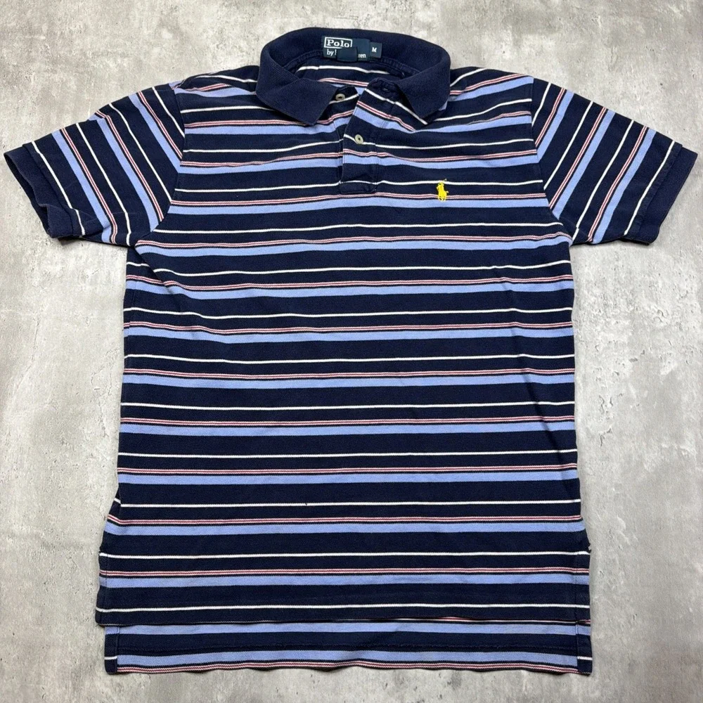 Vintage 90s Polo Ralph Lauren Mens M Blue Striped Short Sleeve Polo Knit USA